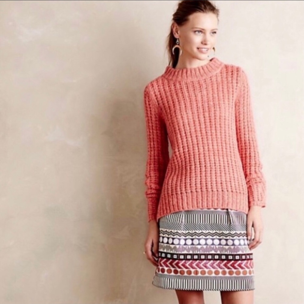 FIELD FLOWER ANTHROPOLOGIE MOCK NECK CHUNKY KNIT SWEATER CORAL SMALL